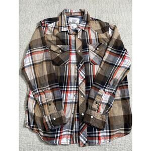 Roebuck & Co. plaid flannel western shirt with pearl snap fasteners cowboy LG